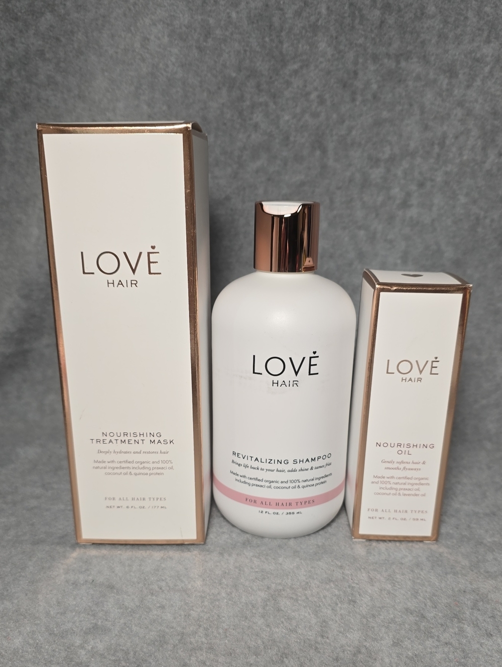 Love Hair Revitalizing Shampoo, Nourishing Treatment Mask and Nourishing Oil